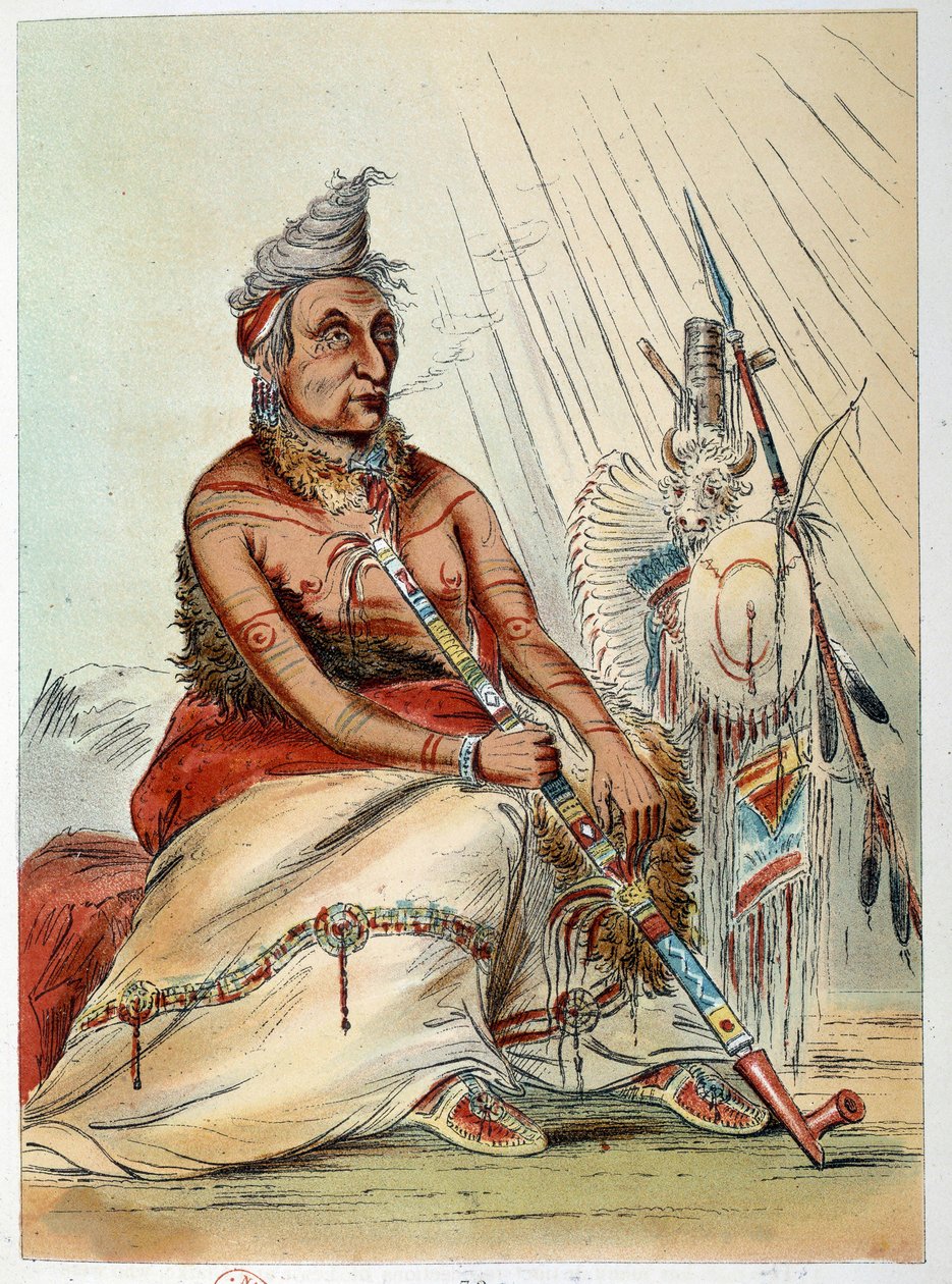 Indians of America: Porträtt av en gammal indisk kock som röker sin pipa som heter The Black Mocassin. Illustration av George Catlin (1794-1872) av George Catlin