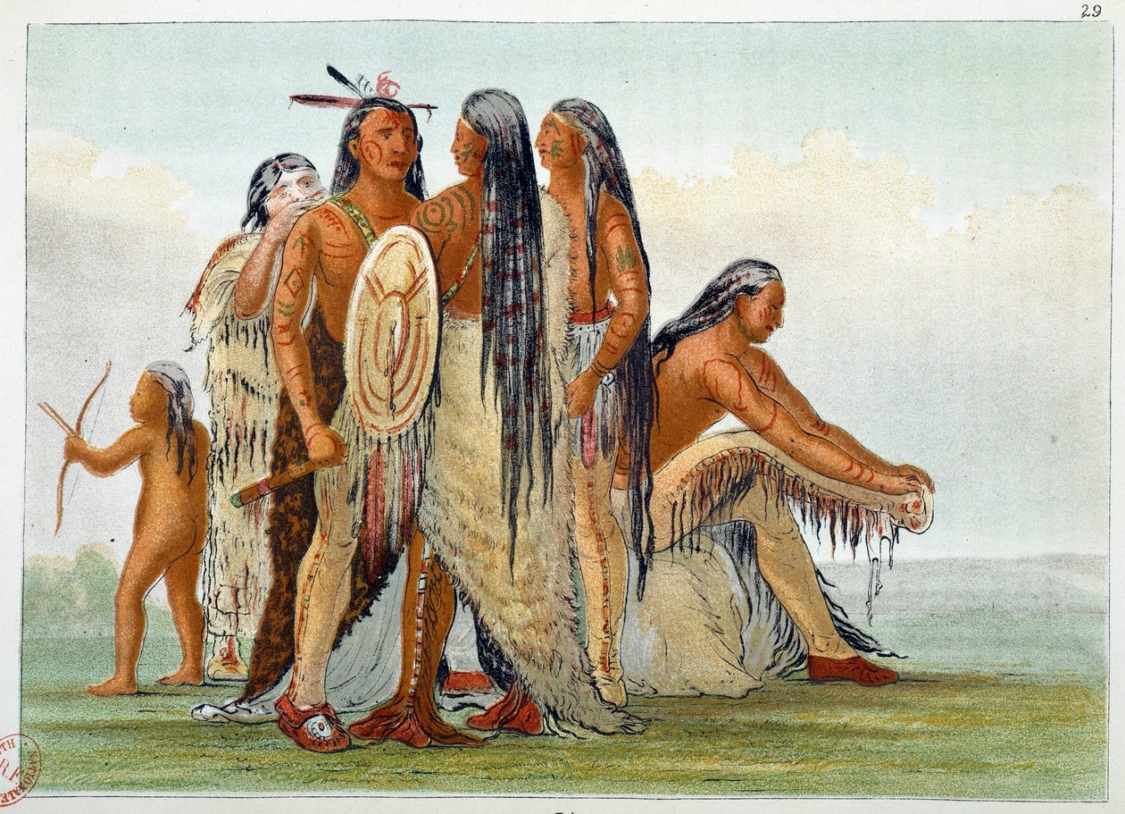 indianer i Amerika. Mandanerna: Chief San Ja Ka Ko Kah (San-Ja-Ka-Ko-Kah) omger med sin familj. Gravyr av George Catlin (1794-1872) av George Catlin