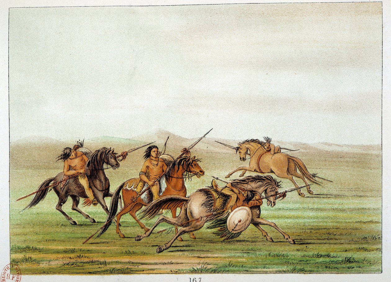 Indians of America: Warriors Commanders som tränar på hästryggen. Illustration av George Catlin (1794-1872) av George Catlin