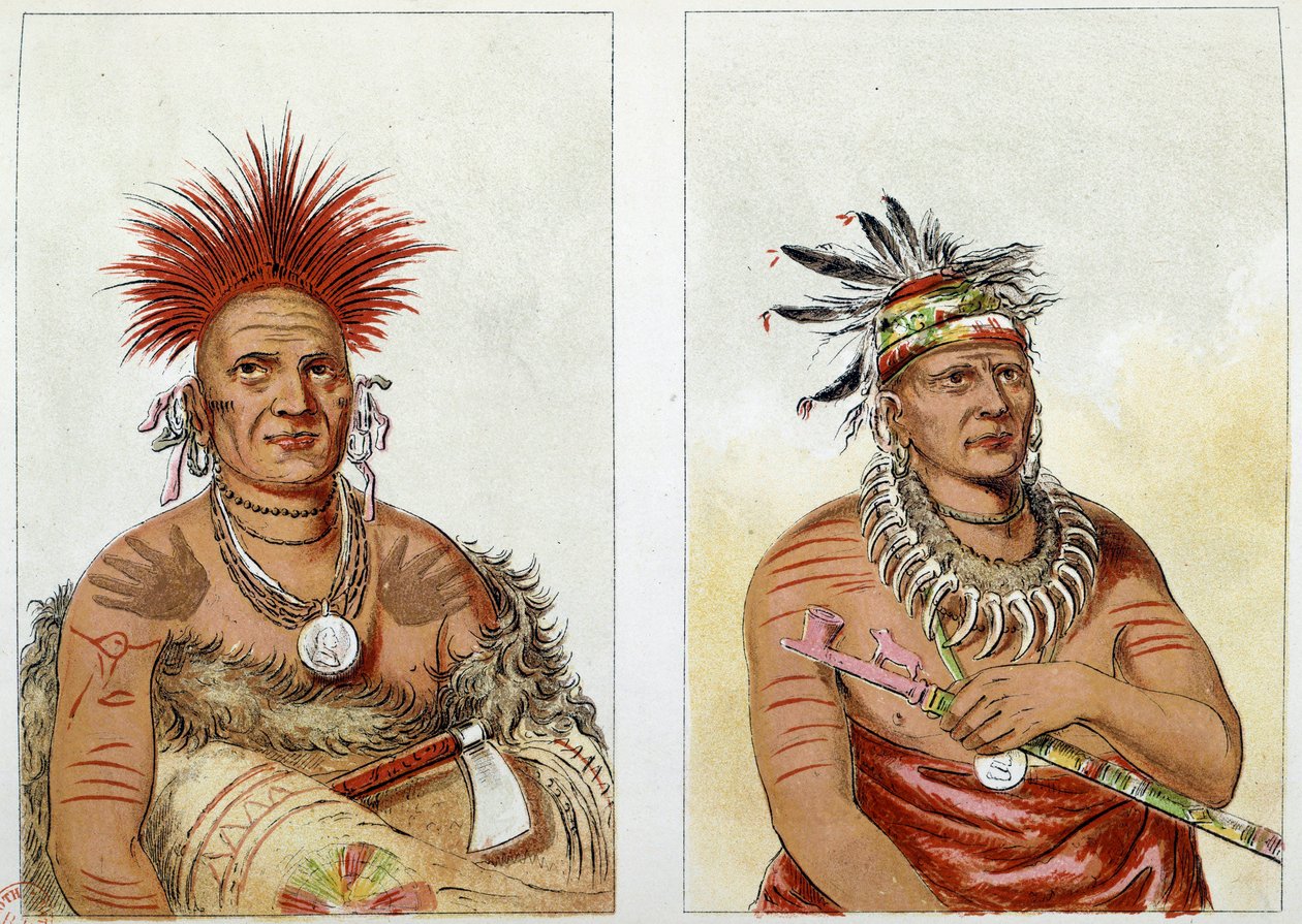 Indianer i Amerika: hästhövdingen i stammen Great Pawnees (eller Paneassa, Pari, Pariki) (nr 138) andra hövdingen plus ålder (nr 139) - Den andra hövdingen har ett halsband av björnklor - Illustration av George Catlin (1794-1872) av George Catlin