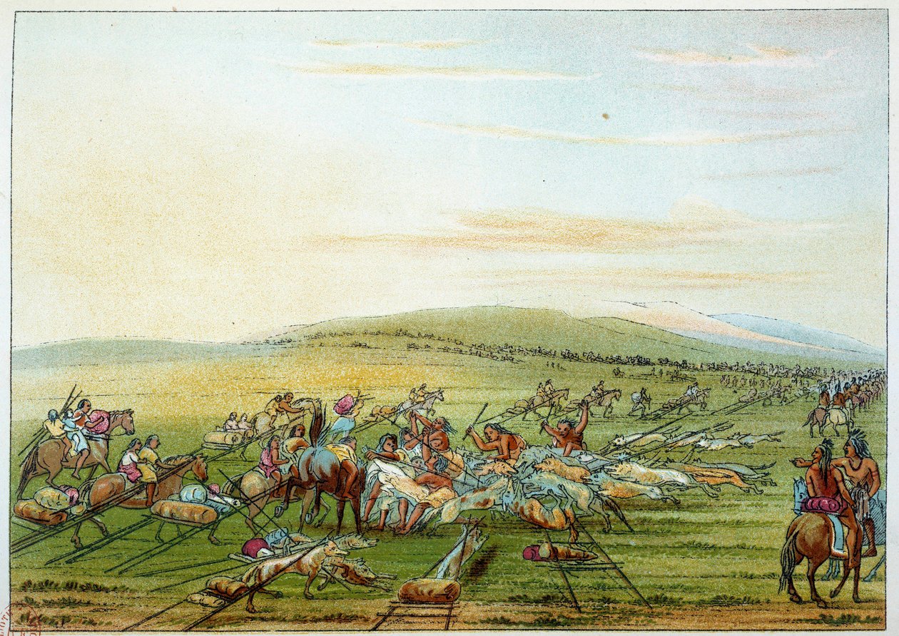 Indians of America: stam av indianer med hästar och hundar. Illustration av George Catlin (1794-1872) av George Catlin
