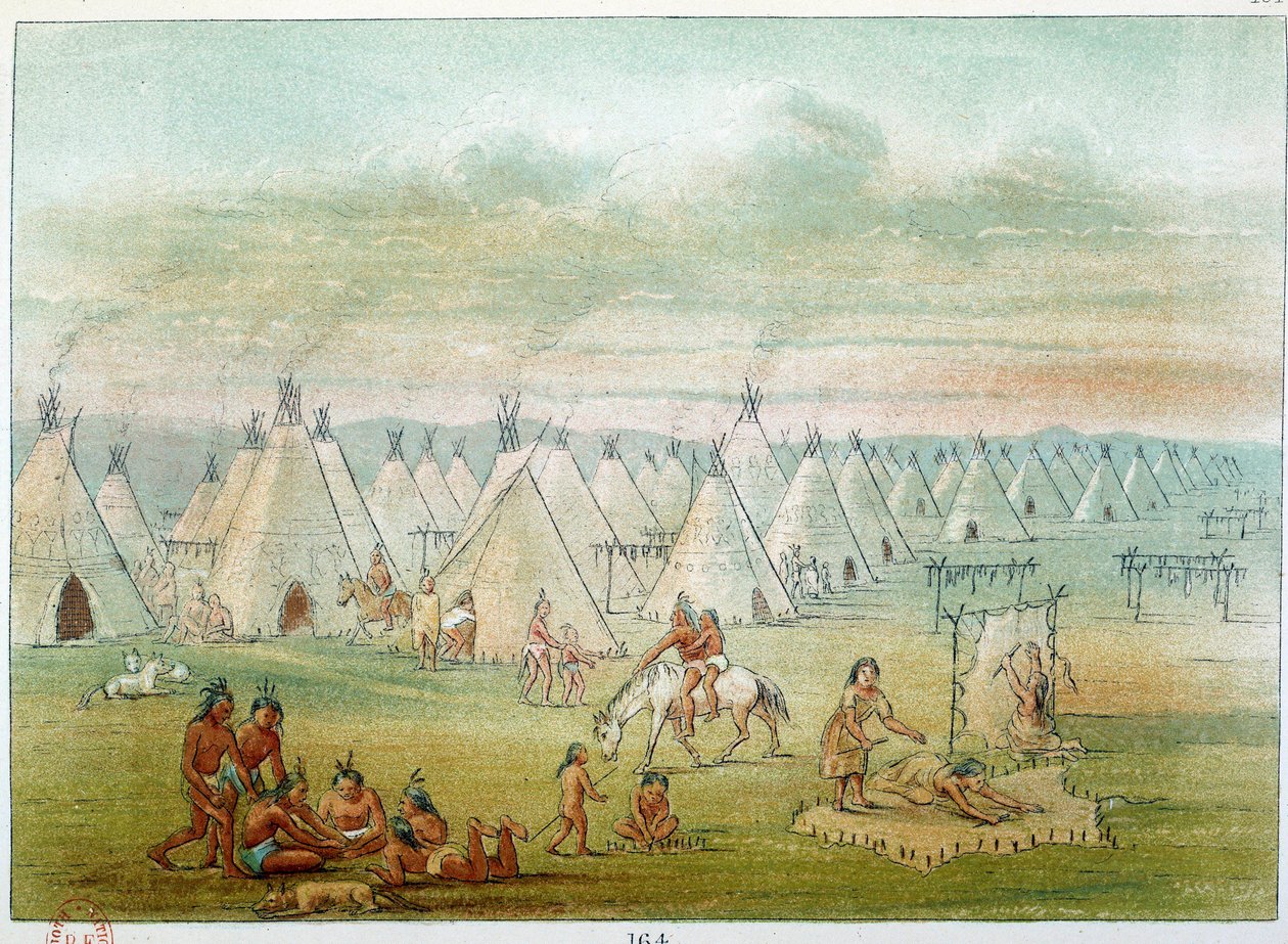 Indians of America: village commanche tälten är gjorda av bisonskinn. Illustration av George Catlin (1794-1872) av George Catlin