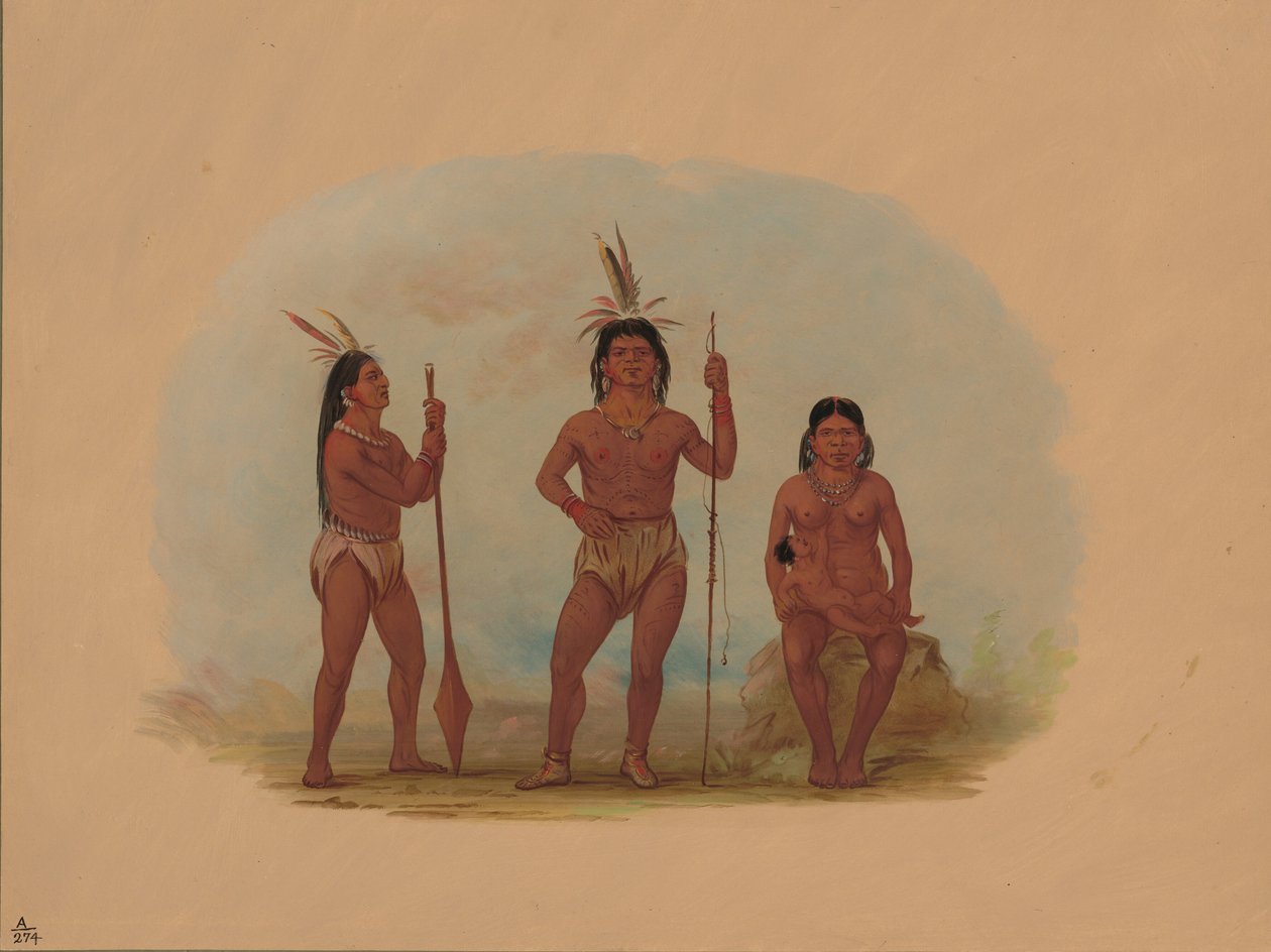 Klahoquahts chef, hans fru och son, 18551869. av George Catlin