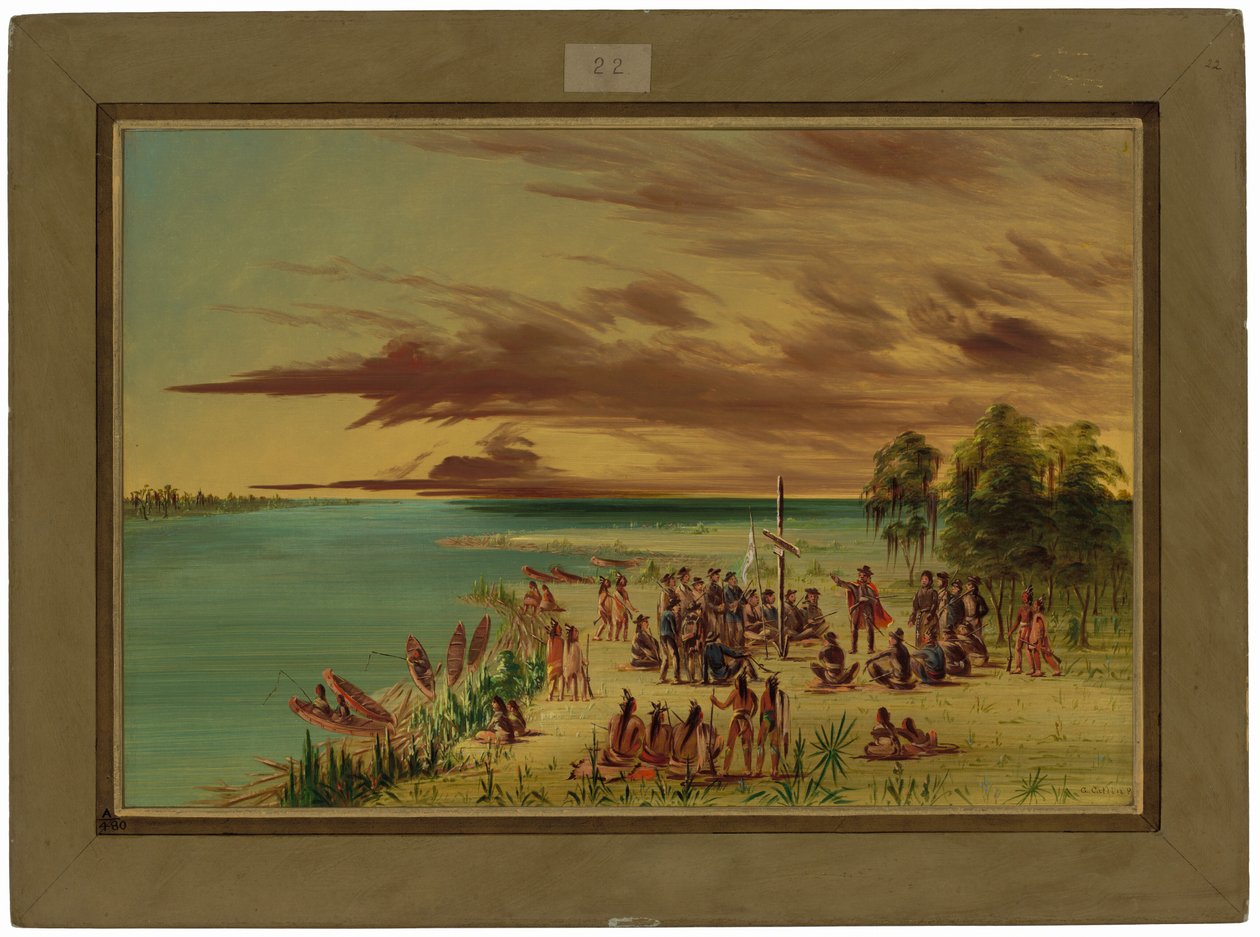 La Salle gör anspråk på Louisiana för Frankrikes räkning.  9 april 1682 av George Catlin