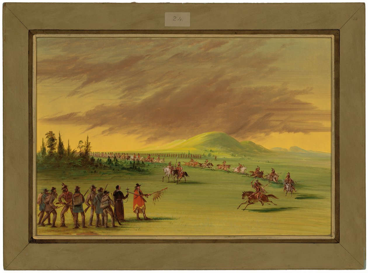 La Salle möter en stridsgrupp av Cenis-indianer på en prärie i Texas.  25 april 1686 av George Catlin