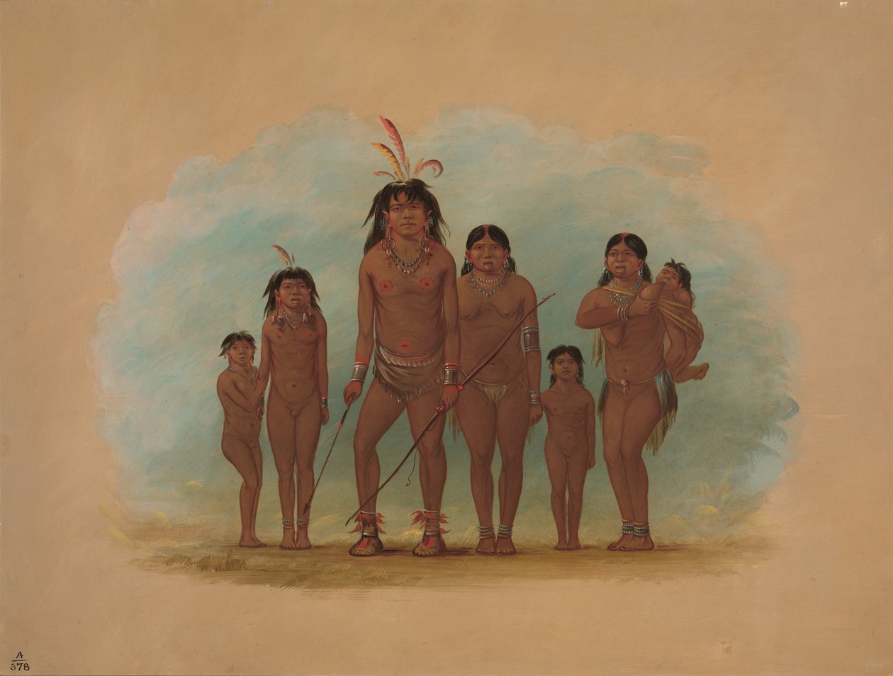 Lengua-hövding, hans två fruar och fyra barn, 18541869. av George Catlin