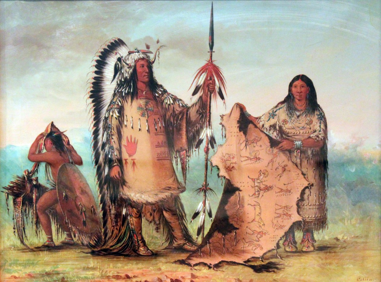 Mandan: Mato-Tope med fru och son. Bisonrocken, som hålls av hans fru, visar hans heroiska krigsgärningar av George Catlin
