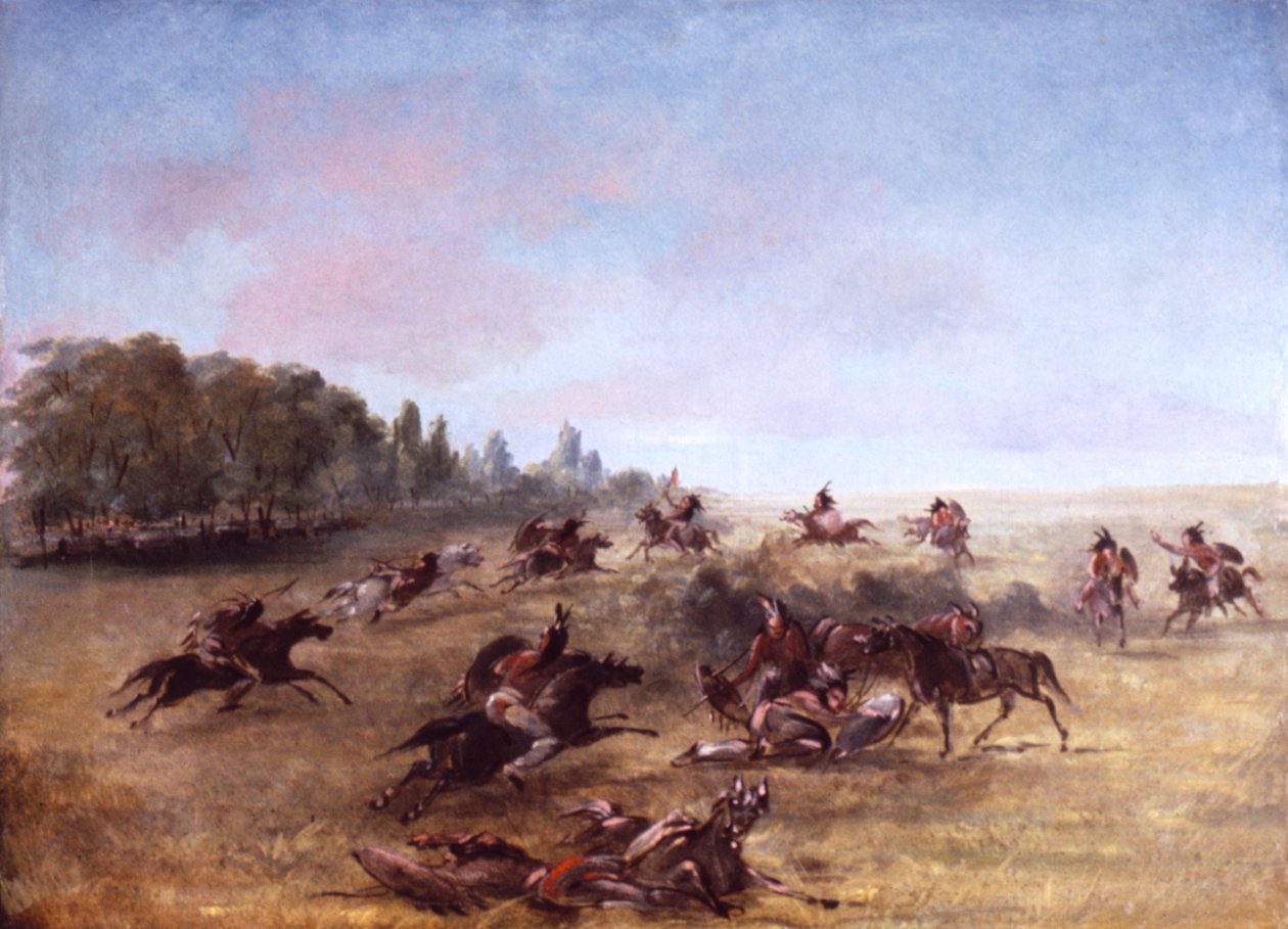 Beridet krigsparti som skurar ett snår, 1846-1848. av George Catlin
