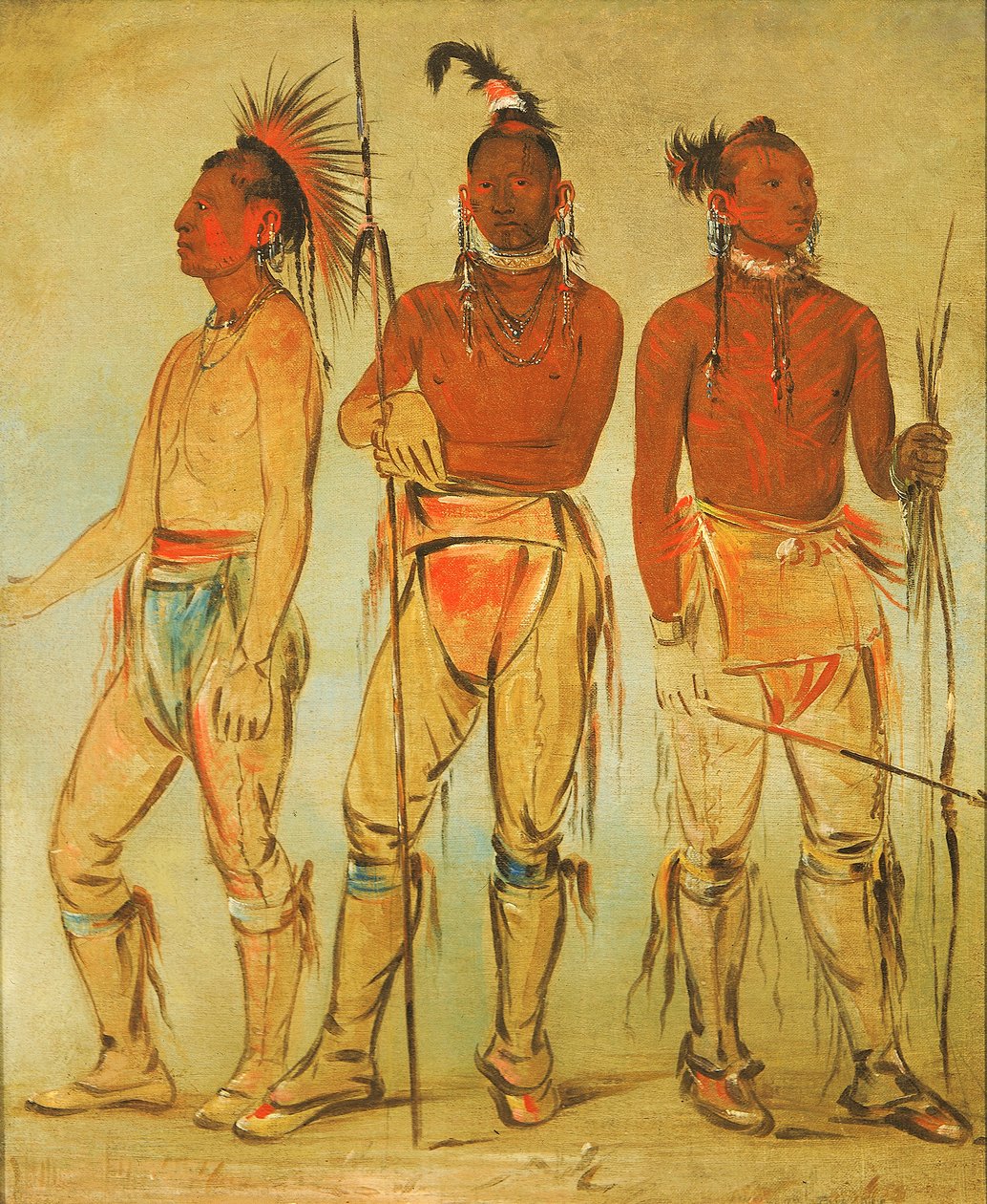 Mun-ne-pús-kee, Han som inte är rädd, Ko-ha-túnk-a, Big Crow och Nah-cóm-ee-shee..., 1834. av George Catlin