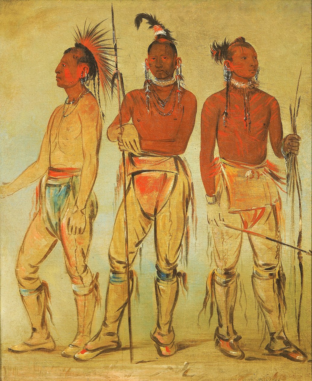 Mun-ne-pús-kee, Han som inte är rädd; Ko-ha-túnk-a, Stora kråkan; och Nah-cóm-ee-shee, Mannen i sängen, Tre unga krigare av George Catlin