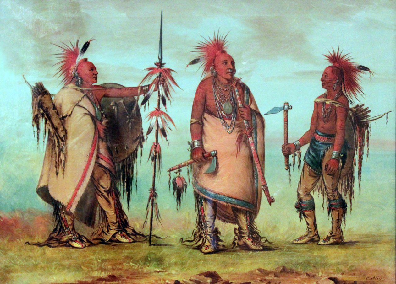 Osage: Tal-lee, Black Dog och Big Crow bär kackerlackor gjorda av rödfärgat hjorthår av George Catlin