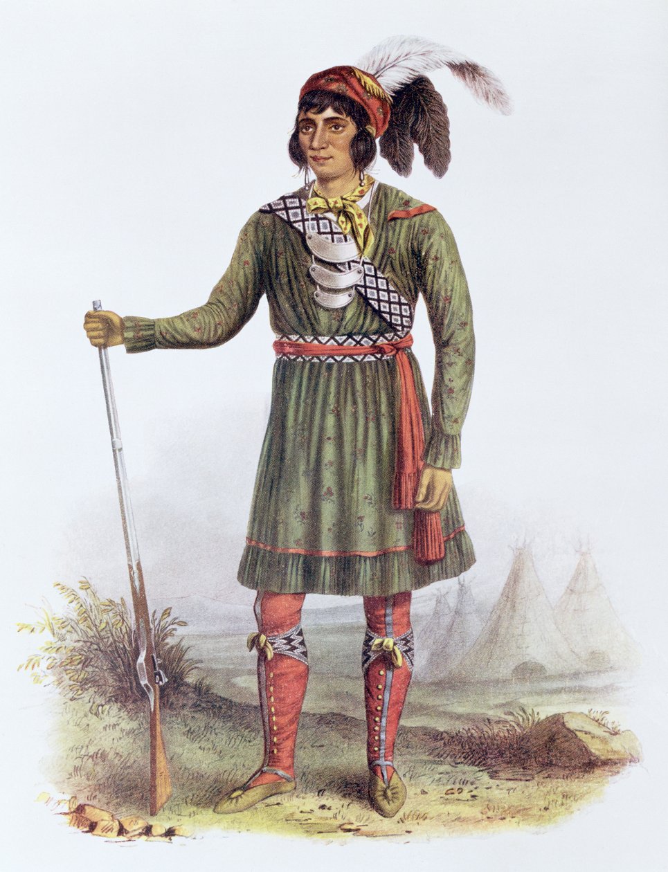 Osceola eller "Rising Sun", en Seminole Leader, 1838, illustration från "The Indian Tribes of North America, Vol.2", av Thomas L. McKenney och James Hall, pub. av John Grant av George Catlin