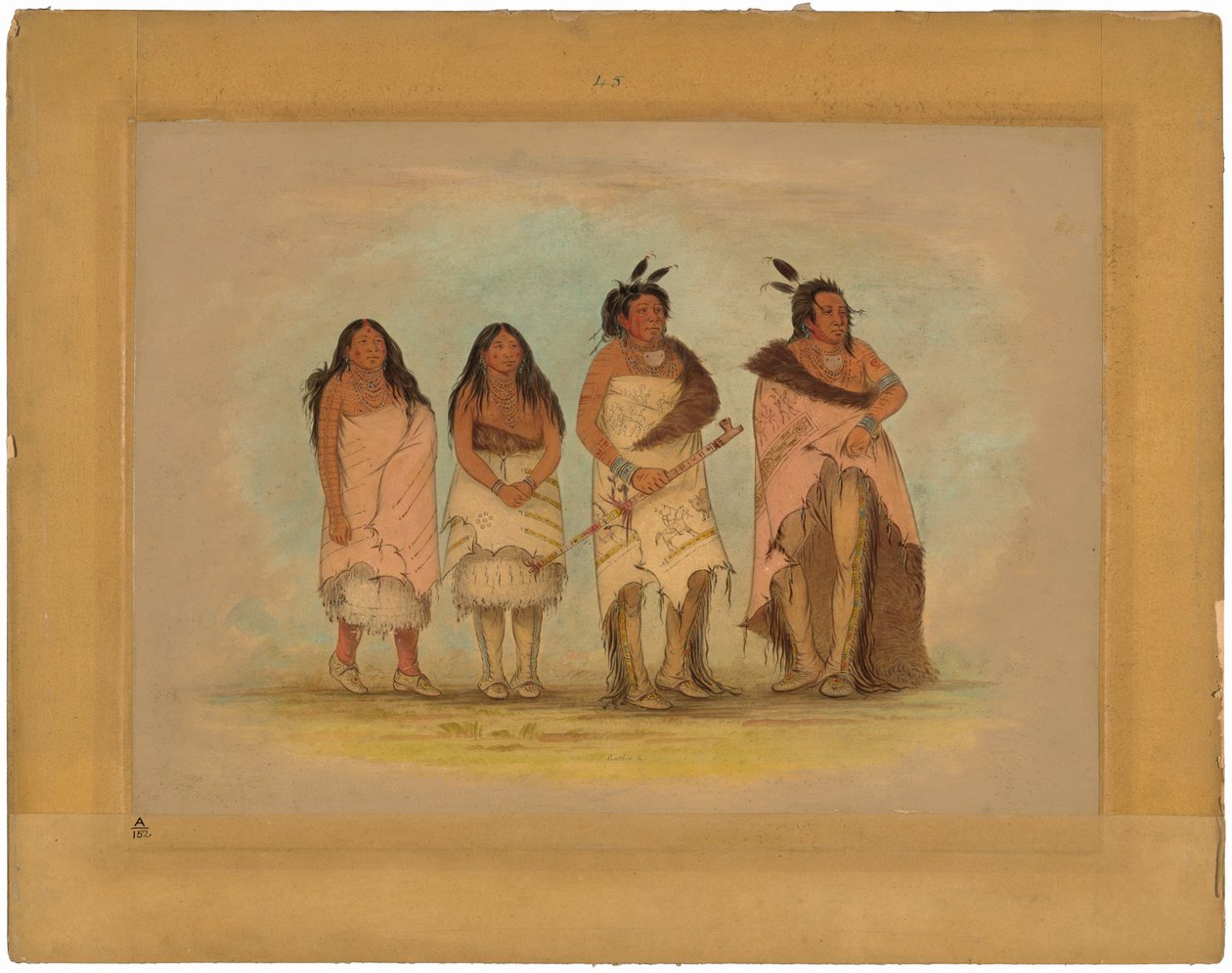 Pawneepict Chief, Two Daughters, and a Warrior av George Catlin