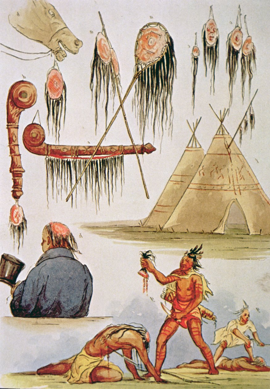 Skalpering och dekorativ användning av hårbotten (akvarell på papper) av George Catlin