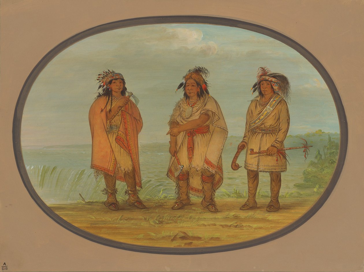 Seneca Chief, röd jacka, med två krigare, 18611869. av George Catlin