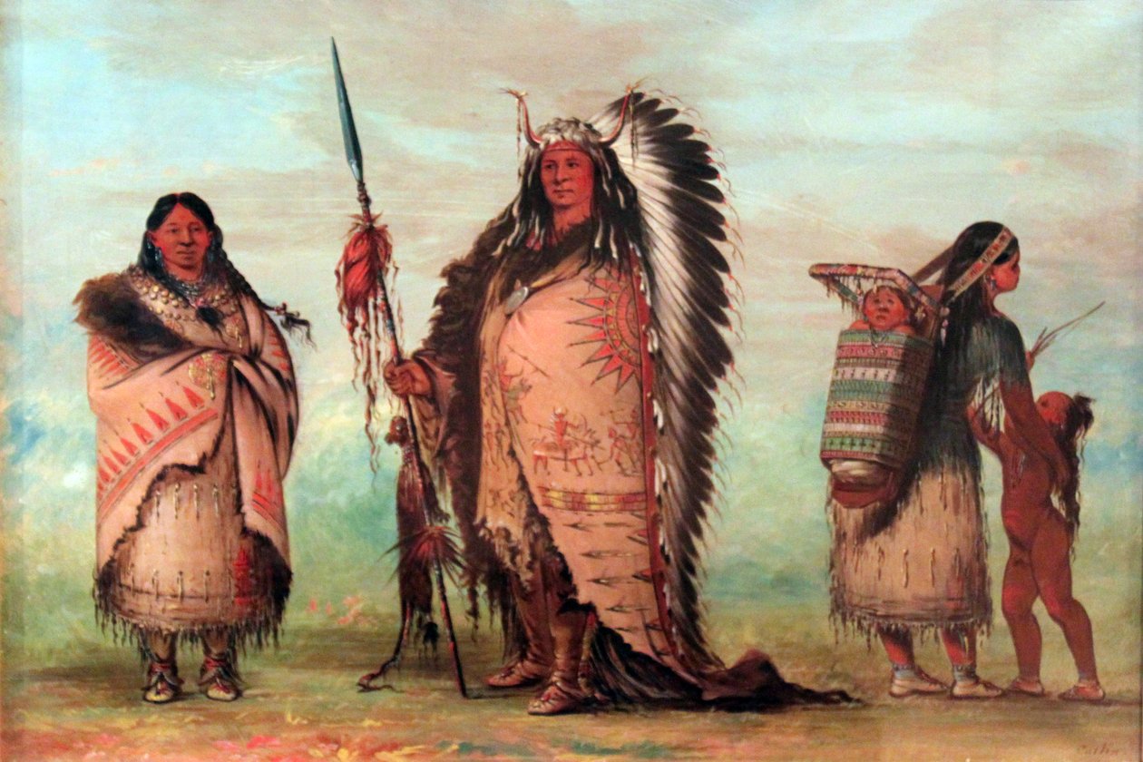 Sioux: Black Rock med familj. Hövdingen visar stolt upp sina hedersemblem, bland annat en lans med skalp. av George Catlin