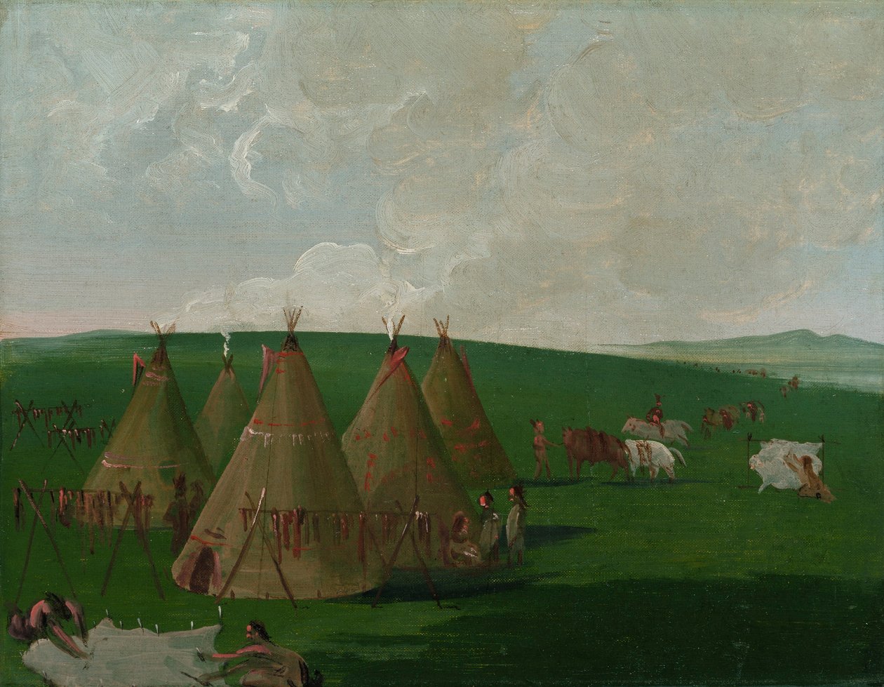 Siouxer i läger vid övre Missouri, klär på sig buffelkött och kläder av George Catlin