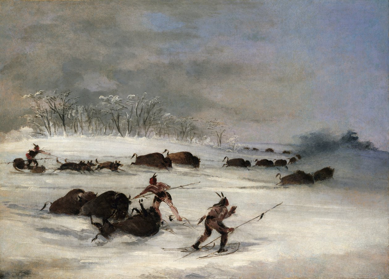 Sioux-indianer på snöskor Lancing Buffalo, 1846-1848. av George Catlin