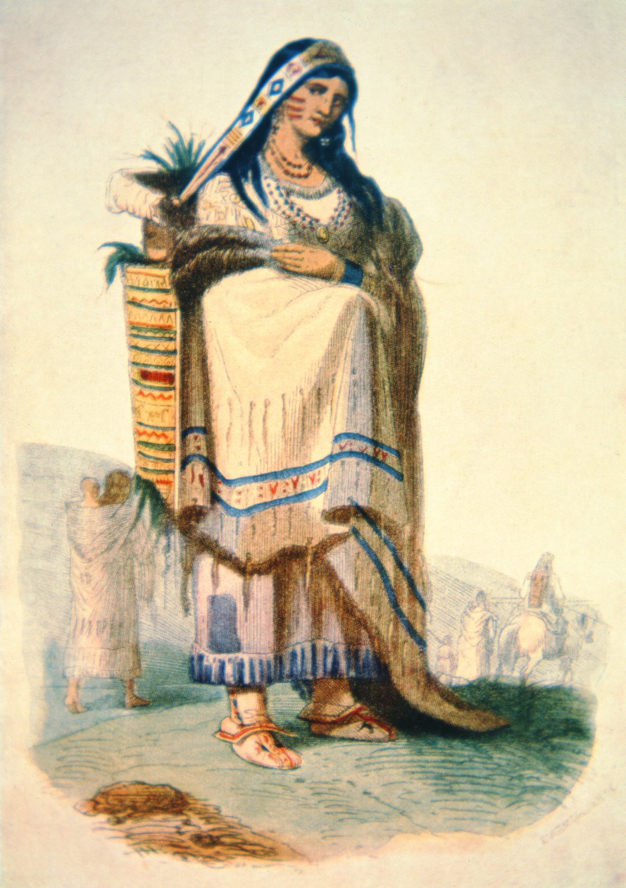 Sioux mamma med baby i en vagga (färg litho) av George Catlin