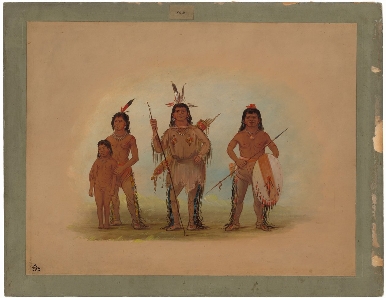 Spokane Chief, Two Warriors, and a Boy av George Catlin