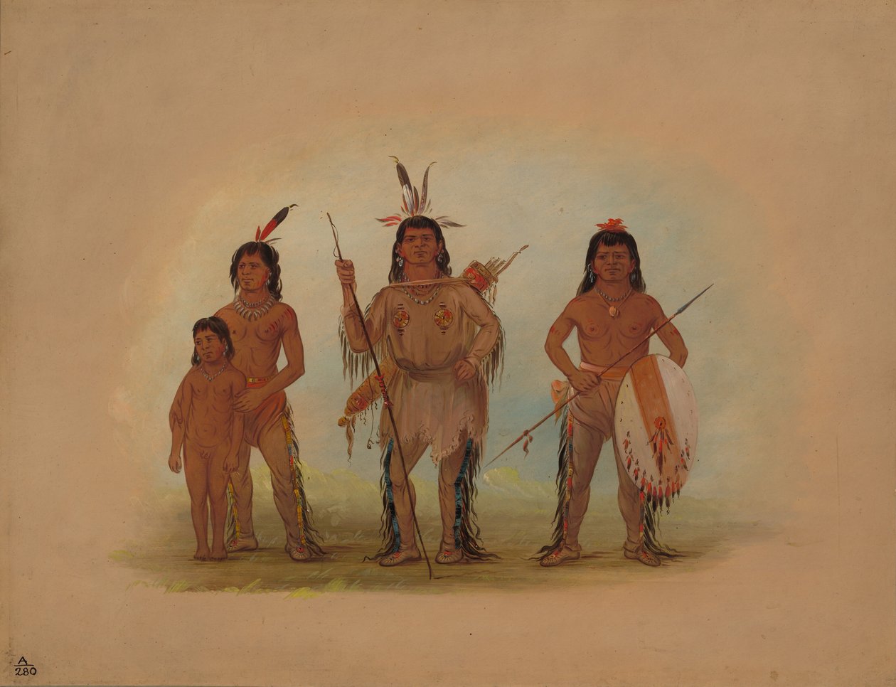 Spokane Chief, Two Warriors, and a Boy, 18551869. av George Catlin