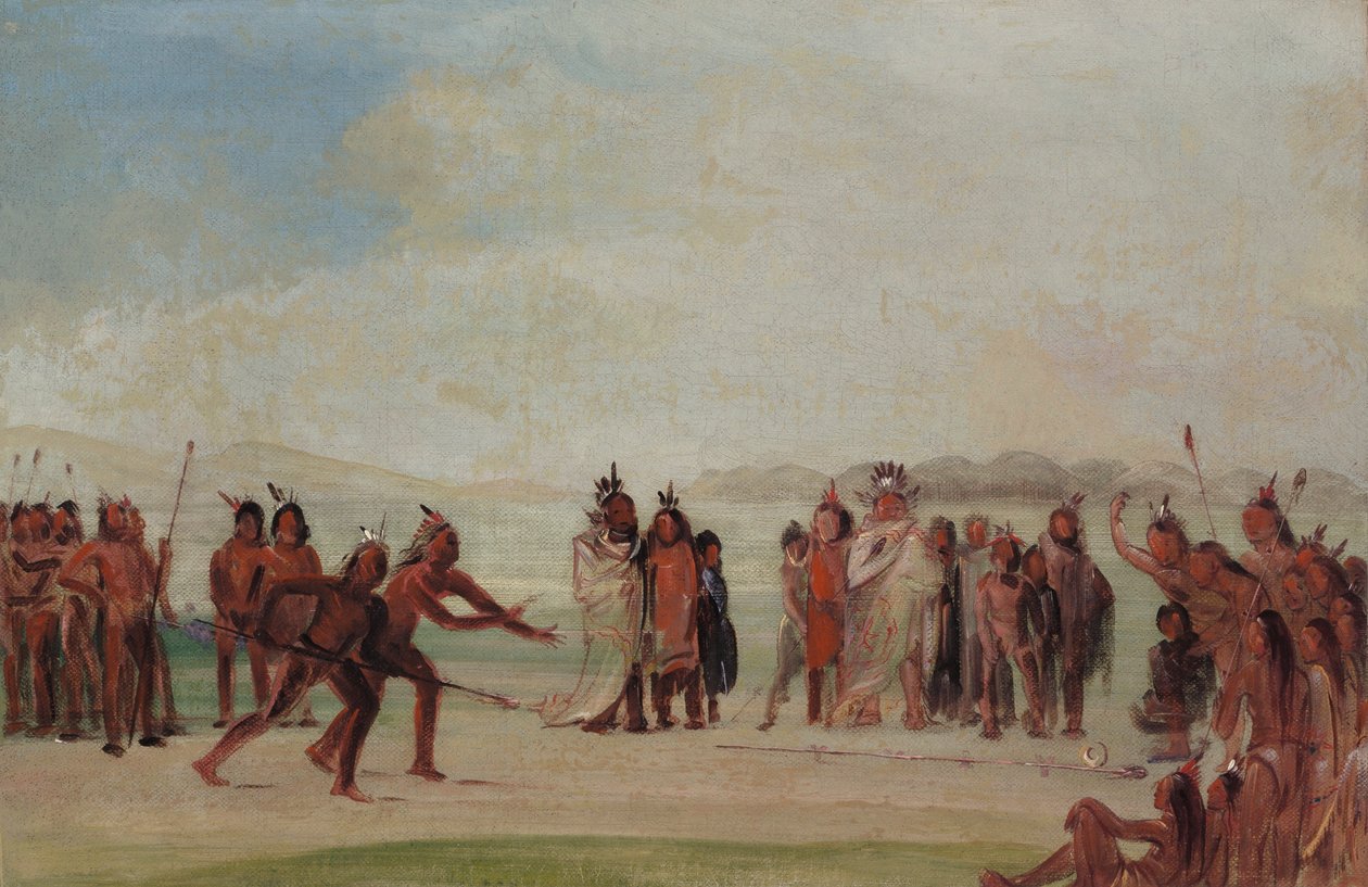 Tchung-kee, ett Mandan-spel som spelas med en ring och en påle av George Catlin