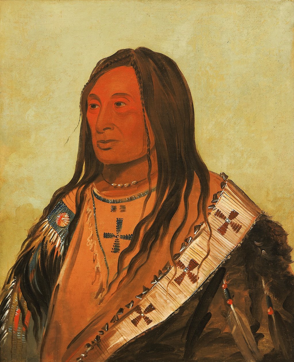 Táh-zee-keh-dá-cha, söndertrasad mage, en framstående modig av George Catlin