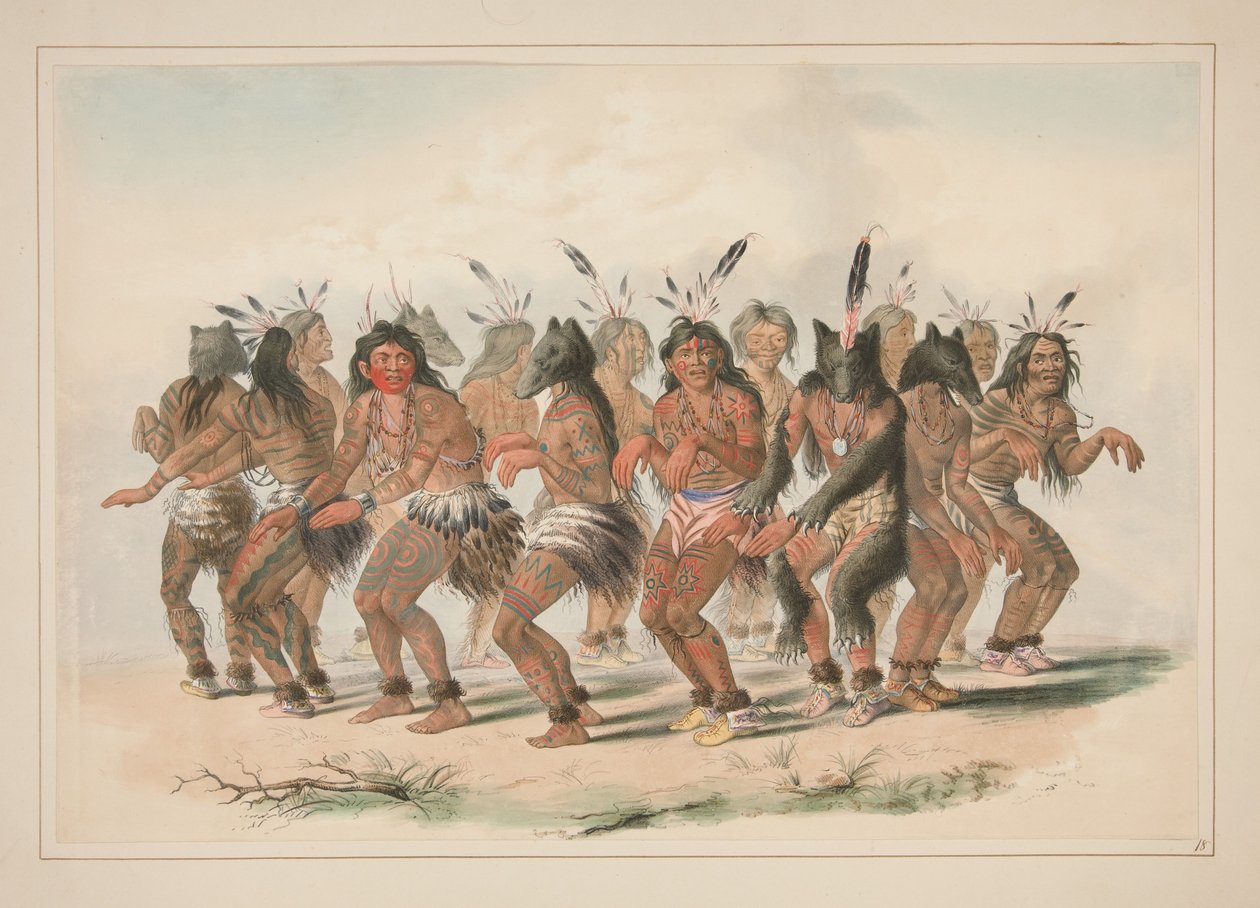 Björndansen, plansch 18 ur Portföljen över nordamerikanska indianer av George Catlin