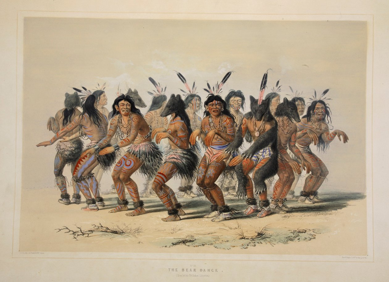 Björndansen, pub. 1845 färglitografi. av George Catlin