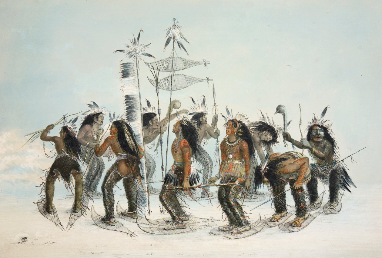 The Snow Shoe Dance, pub. 1845 färglitografi. av George Catlin