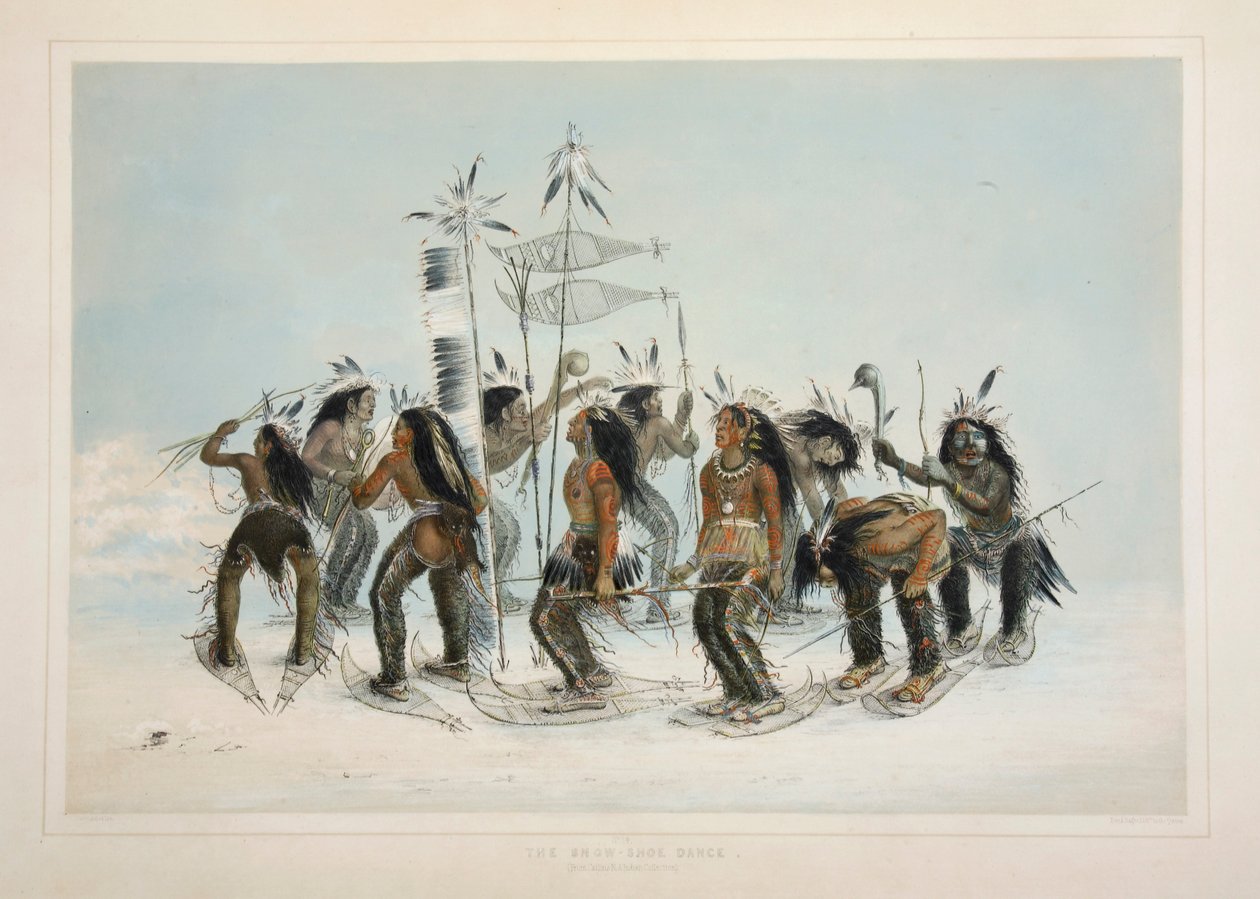 The Snow Shoe Dance, pub. 1845 färglitografi. av George Catlin