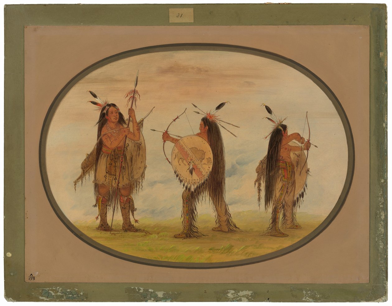 Tre Mandan-krigare beväpnade för krig av George Catlin