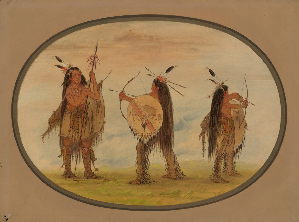 Tre Mandan-krigare beväpnade för krig, 18611869. av George Catlin