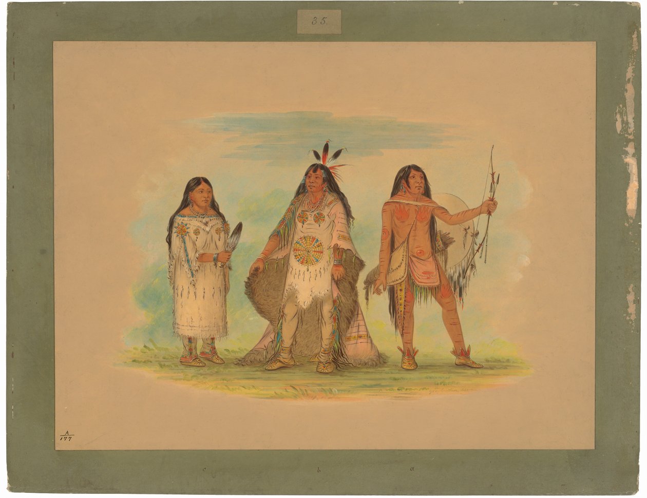 Tre Minatarree-indianer av George Catlin