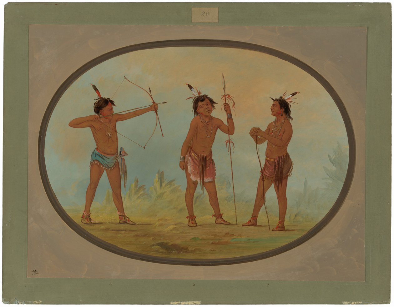 Tre Shoshonee-krigare beväpnade för krig av George Catlin