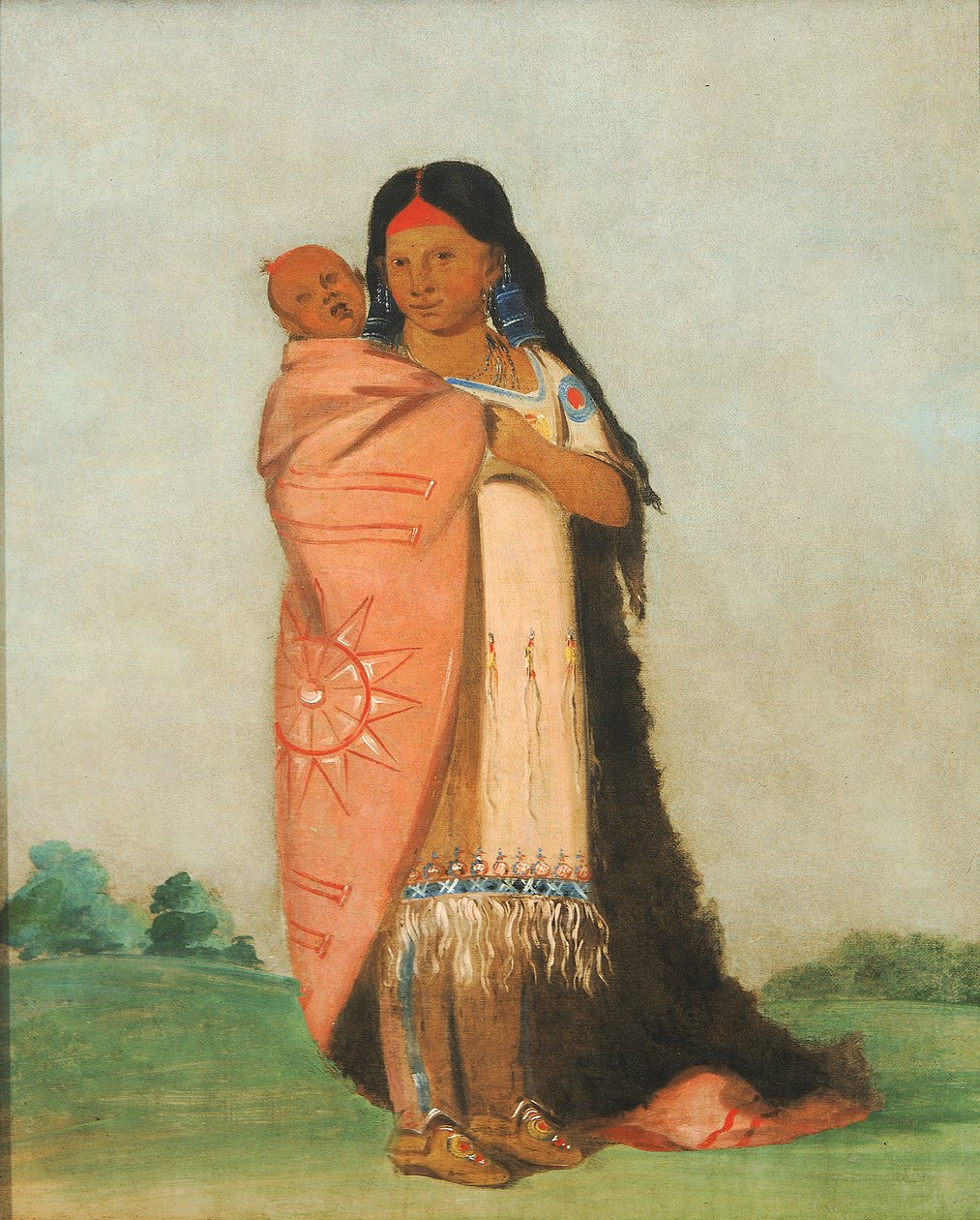 Tsee-moúnt, Stort under, bär sitt barn i sin mantel, 1832. av George Catlin