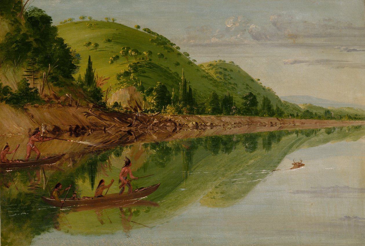 Utsikt över St. Peters flod, Sioux-indianer som förföljer en hjort i sina kanoter, 1836-1837. av George Catlin