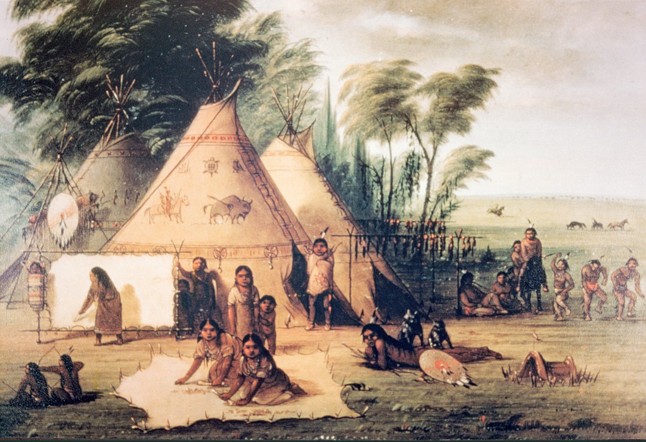 Village of the North American Sioux Tribe (färg litho) av George Catlin