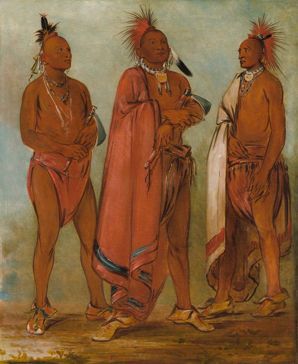 Wa-másh-ee-sheek, Han som tar bort; Wa-chésh-uk, Krig; Mink-chésk, Tre framstående unga män av George Catlin