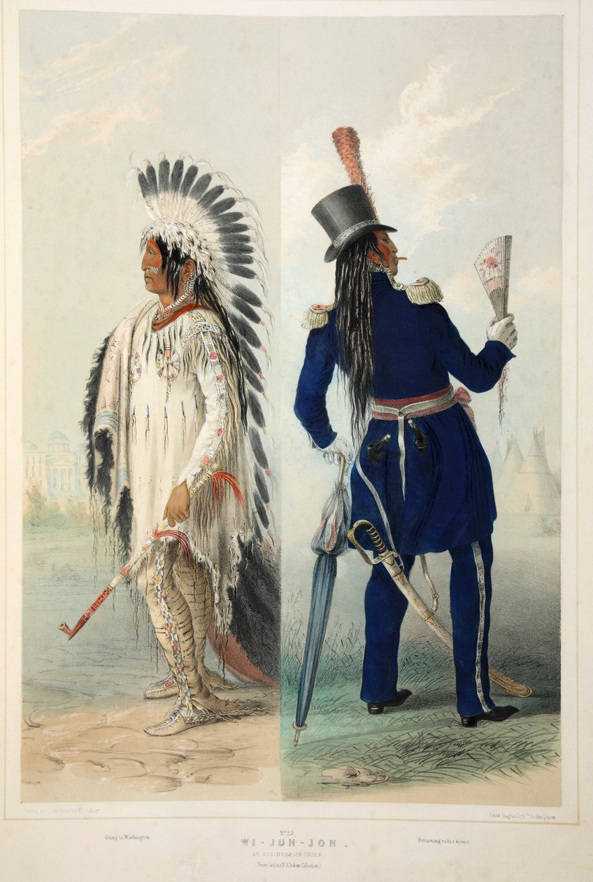 Wi-Jun-Jon, en Assinneboin-chef, pub. 1845 färglitografi. av George Catlin