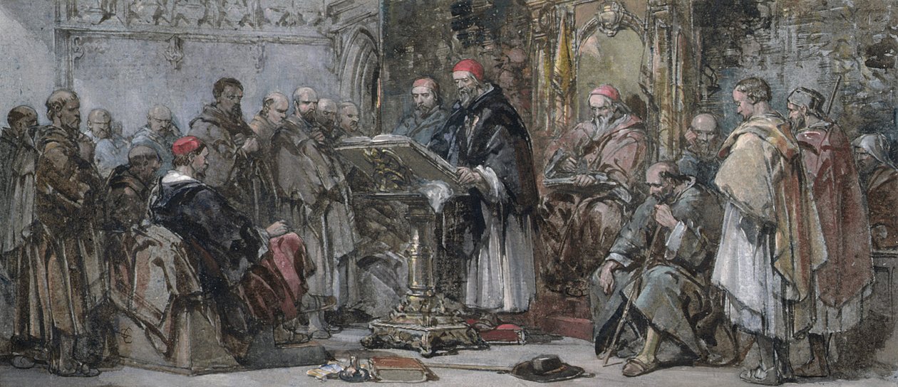 En scen av klosterliv: Predikning i kyrkan av George Cattermole
