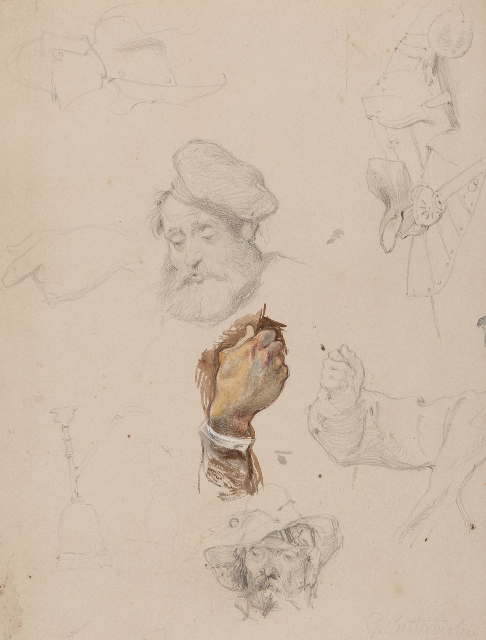 En sida med studier (penna, wc och gouache på papper) av George Cattermole