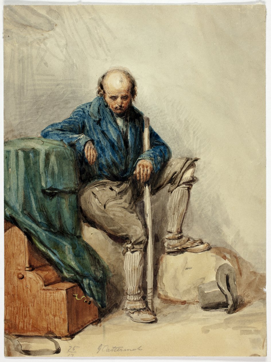 Skallig man sittande på ägodelar (recto); dam i gul klänning (verso) av George Cattermole