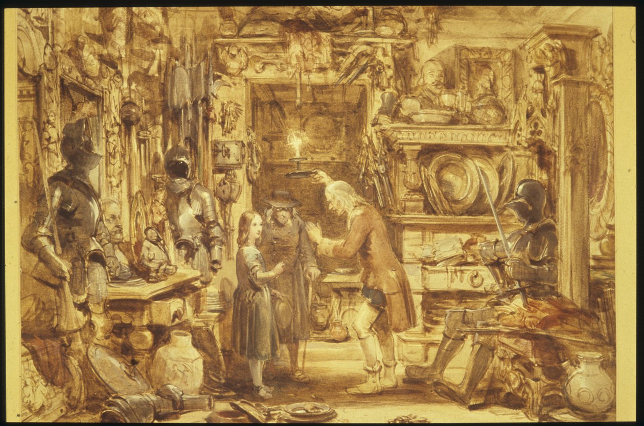 The Old Curiosity Shop Little Nells Home Interiör av Old Curiosity Shop, 1840 (wc på papper) av George Cattermole