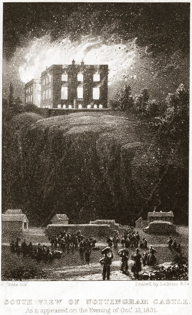 Nottingham Castle i brand, sett från söder, 1831 av George Childs
