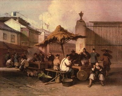 En grupp kineser som äter utanför kyrkan i San Domingo av George Chinnery