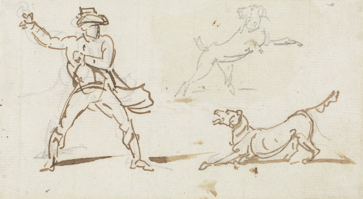 En man som kastar en boll till en hund (penna och grafit på papper) av George Chinnery