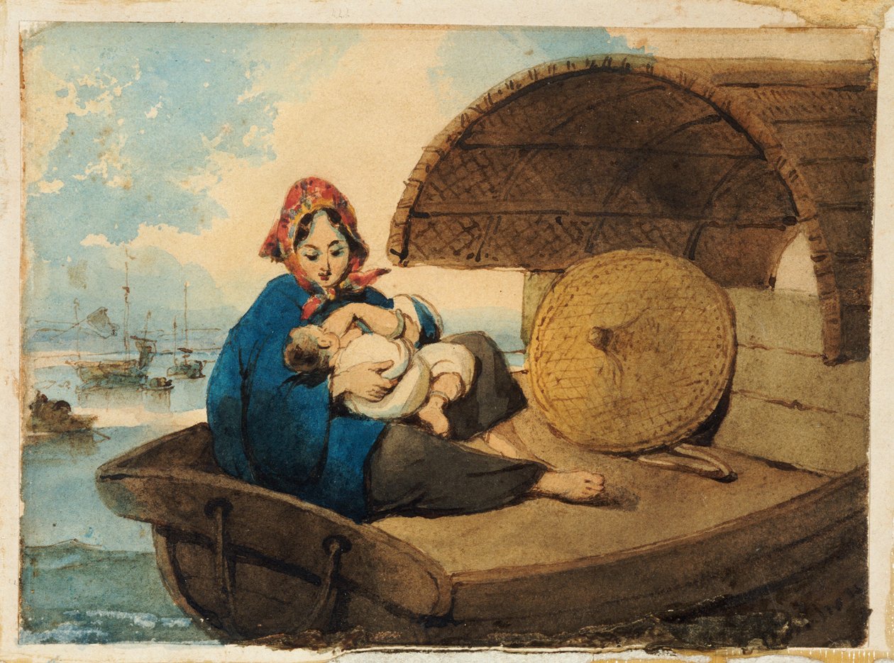 En Tanka-kvinna med sitt barn på en båt av George Chinnery