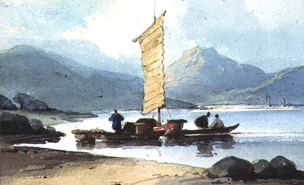Båt med gula segel, Kina av George Chinnery