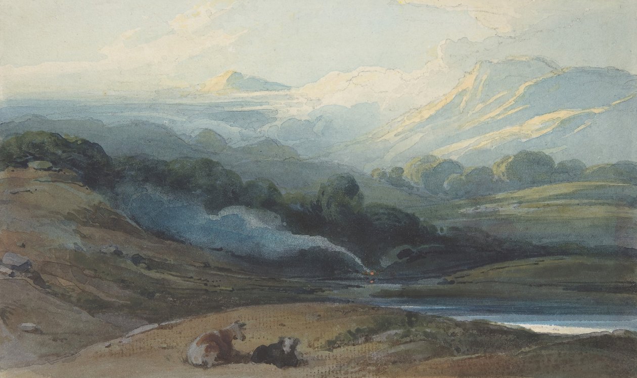 Boskap som vilar i ett bergigt landskap, ca. 1808-12. av George Chinnery